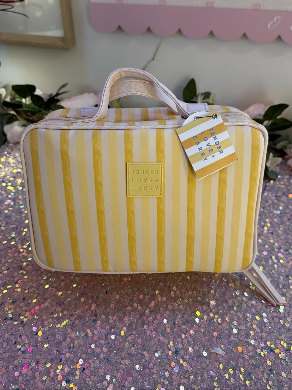 NWT Tender Love + Carry Toiletry Weekender Bag in Yellow/Beige Vertical Stripes